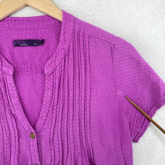 PRANA Top Womens M Cotton Textured Shirt Pintuck Boho Peasant Button Up Purple - Picture 11 of 14